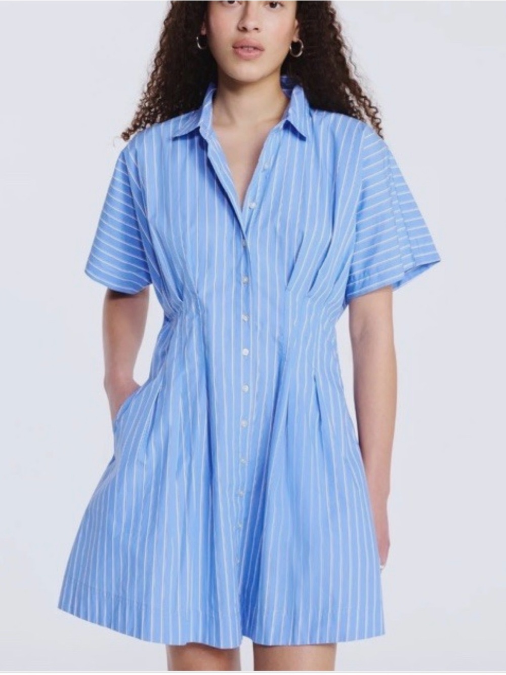 blue white striped cotton mini shirt dress cinched waist size XL 16/18